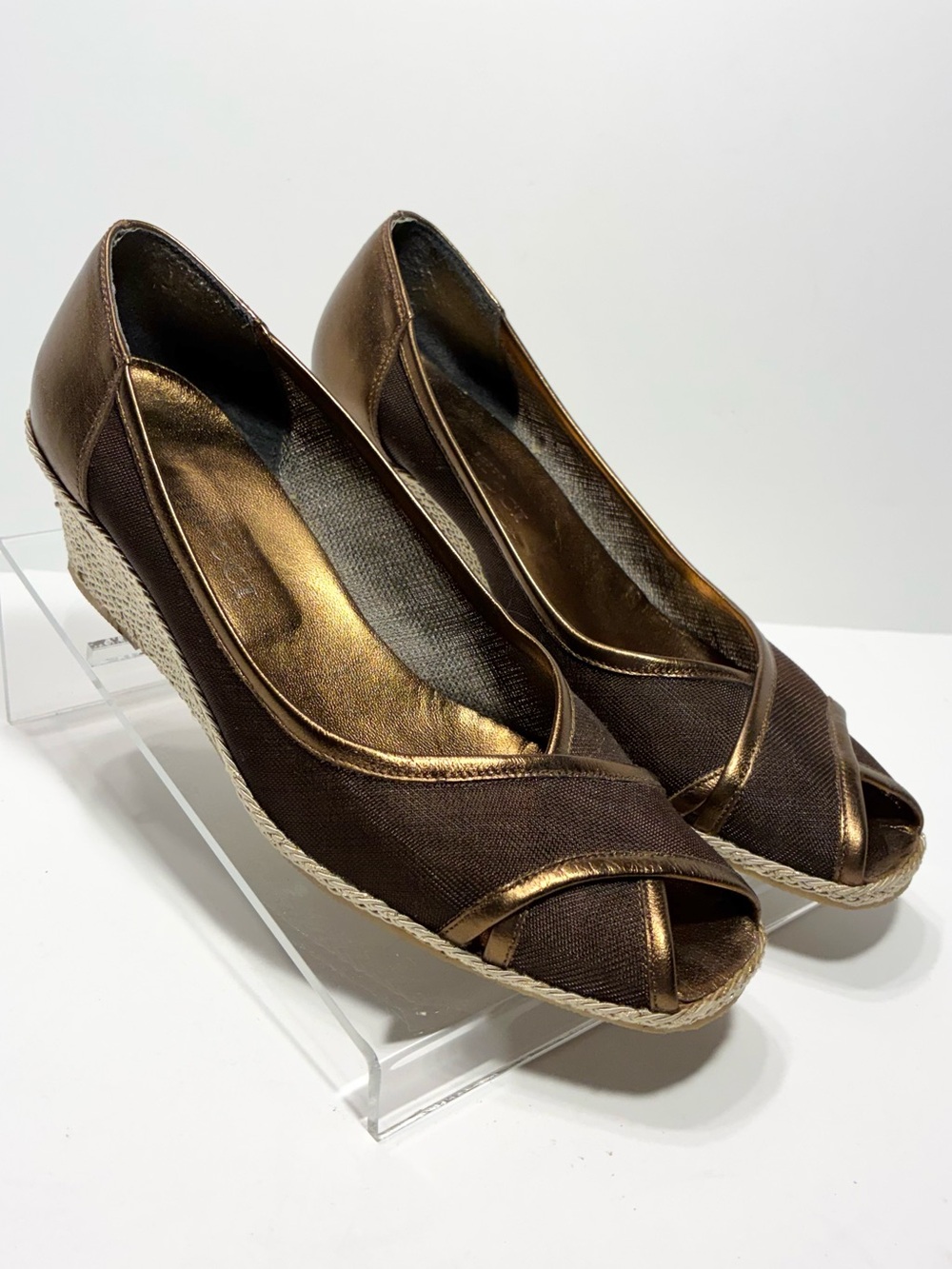 Sesto Meucci ITALY MADE Bronze Brown Peep Toe Espadrille Wedges Size 8.5